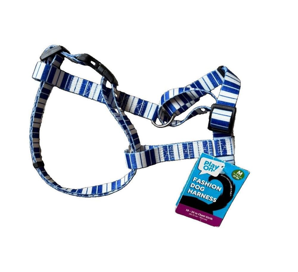 Play On Dog Harness Adjustable Blue & White Stripes Medium Breed Up To 50lbs